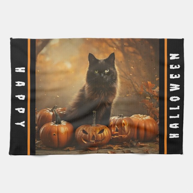 Happy Halloween Black Cat Collection Tea Towel (Horizontal)