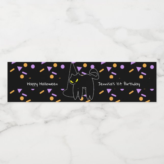 Happy Halloween Black Cat Confetti Birthday  Water Bottle Label (Single Label)