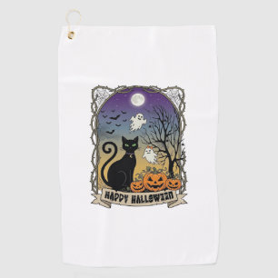 Happy Halloween Black Cat Ghosts Pumpkins_1 Golf Towel