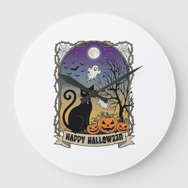 Happy Halloween Black Cat Ghosts Pumpkins_1 Large Clock (Front)