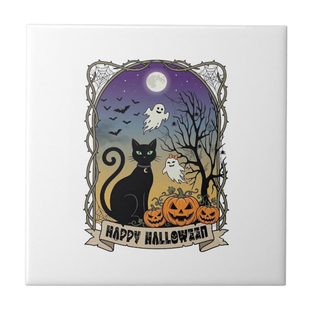 Happy Halloween Black Cat Ghosts Pumpkins_1 Tile (Front)