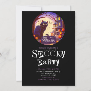Happy Halloween Black Cat Haunted House Halloween Invitation