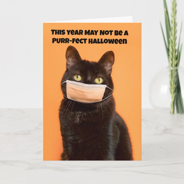 Happy Halloween Black cat in Face Mask Humour Holiday Card (Front)