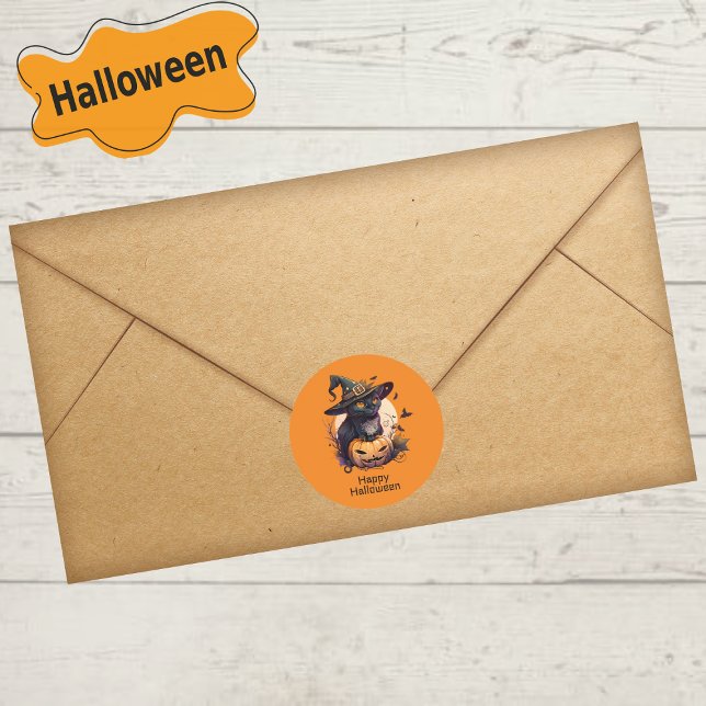 Happy Halloween Black Cat Jack-o-Lantern Orange Classic Round Sticker (Creator Uploaded)