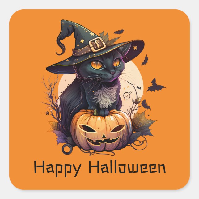 Happy Halloween Black Cat Jack-o-Lantern Orange Square Sticker (Front)