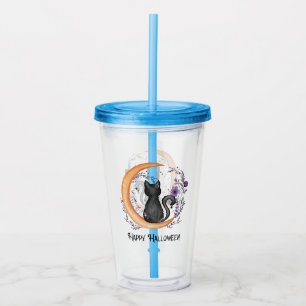 Happy Halloween – Black Cat on Crescent Moon Acrylic Tumbler