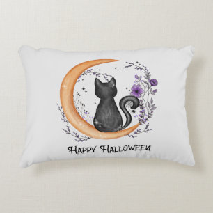 Happy Halloween – Black Cat on Crescent Moon Decorative Cushion