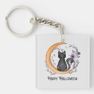 Happy Halloween – Black Cat on Crescent Moon Key Ring