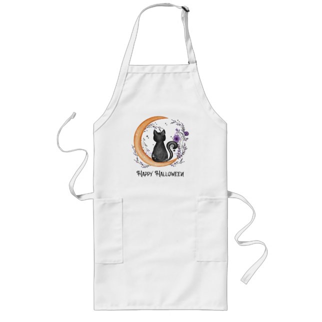 Happy Halloween – Black Cat on Crescent Moon Long Apron (Front)