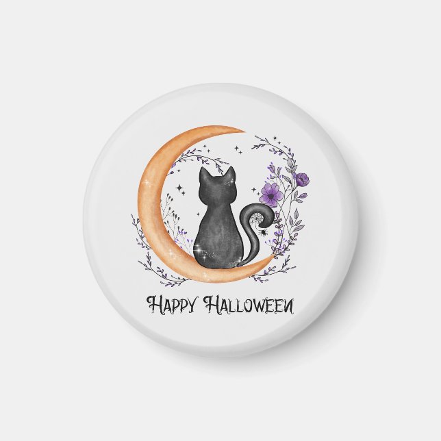 Happy Halloween – Black Cat on Crescent Moon Magnet (Front)