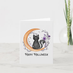 Happy Halloween – Black Cat on Crescent Moon Note Card