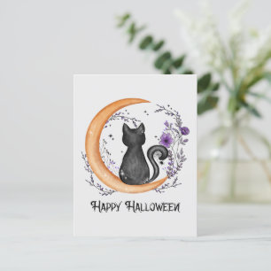 Happy Halloween – Black Cat on Crescent Moon Postcard