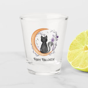 Happy Halloween – Black Cat on Crescent Moon Shot Glass