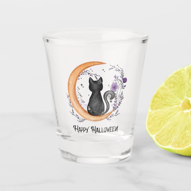 Happy Halloween – Black Cat on Crescent Moon Shot Glass (Front)