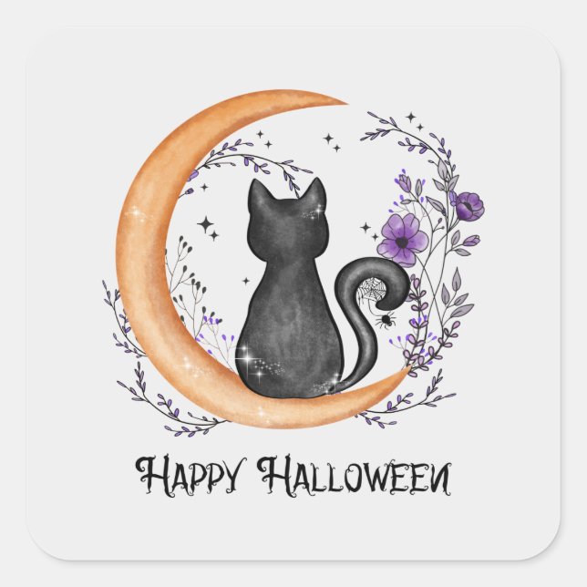 Happy Halloween – Black Cat on Crescent Moon Square Sticker (Front)