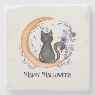 Happy Halloween – Black Cat on Crescent Moon Stone Coaster