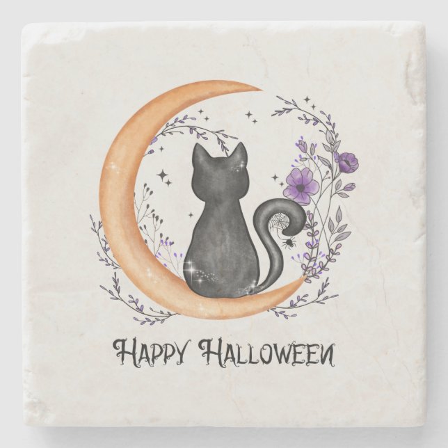 Happy Halloween – Black Cat on Crescent Moon Stone Coaster (Front)