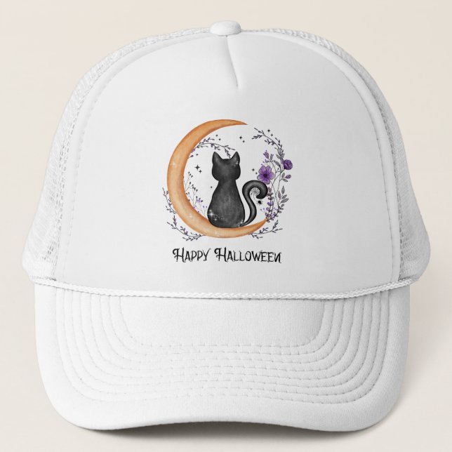 Happy Halloween – Black Cat on Crescent Moon Trucker Hat (Front)