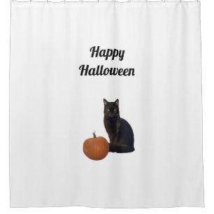 Happy Halloween Black Cat Orange Pumpkin White Shower Curtain