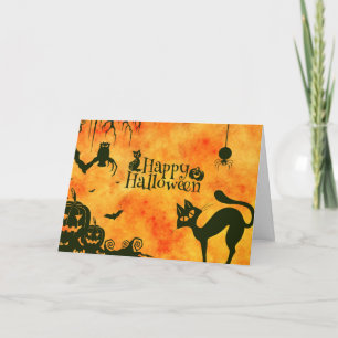 Happy Halloween Black cat, owl, pumpkins Card