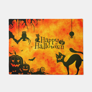 Happy Halloween Black cat, owl, pumpkins Doormat