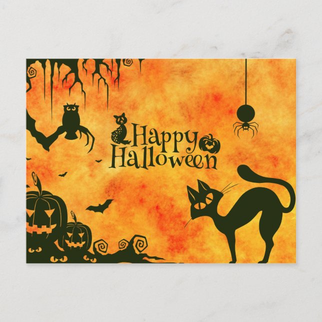 Happy Halloween Black cat, owl, pumpkins Postcard (Front)