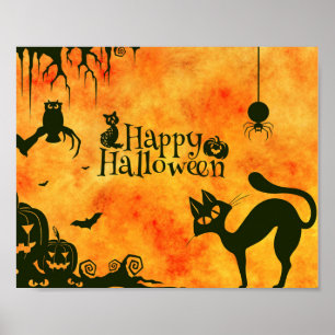 Happy Halloween Black cat, owl, pumpkins Poster