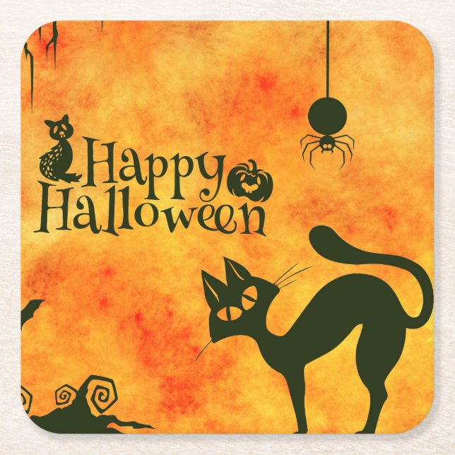 Happy Halloween Black cat, owl, pumpkins Square Paper Coaster (Front)
