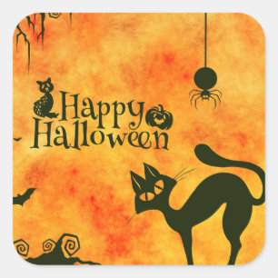 Happy Halloween Black cat, owl, pumpkins Square Sticker