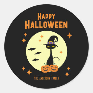 Happy Halloween Black Cat Personalised Classic Round Sticker