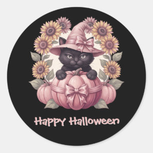 Happy Halloween Black Cat Pink Pumpkin Classic Round Sticker