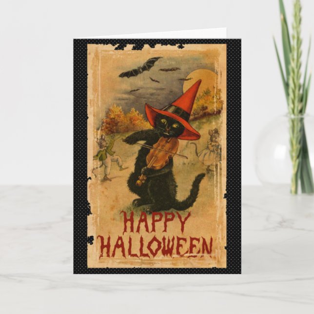 Happy Halloween Black Cat Playing Fiddle Bats Card (Front)