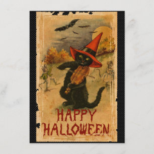 Happy Halloween Black Cat Playing Fiddle Bats Card