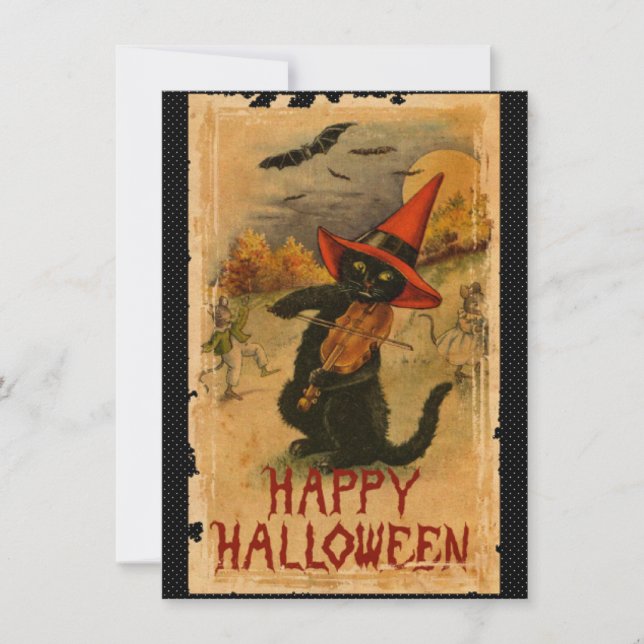 Happy Halloween Black Cat Playing Fiddle Bats Card (Front)