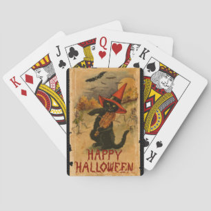 Happy Halloween Black Cat Playing Fiddle Bats Cards