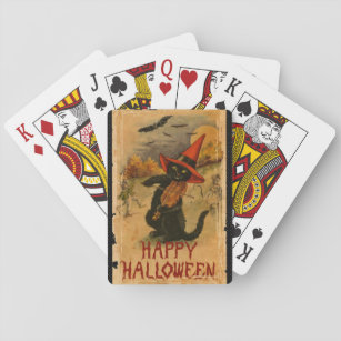 Happy Halloween Black Cat Playing Fiddle Bats Playing Cards