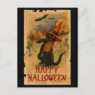 Happy Halloween Black Cat Playing Fiddle Bats Postcard