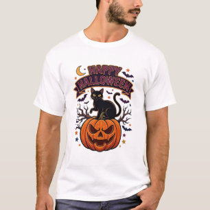 Happy Halloween Black Cat Pumpkin Bats Moon T-Shirt
