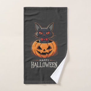 Happy Halloween Black Cat Pumpkin Design_1 Hand Towel