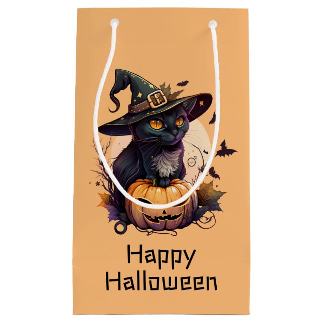 Happy Halloween Black Cat Pumpkin | Light Orange Small Gift Bag (Front)