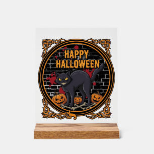 Happy Halloween Black Cat Pumpkins Bones_1 Acrylic Sign