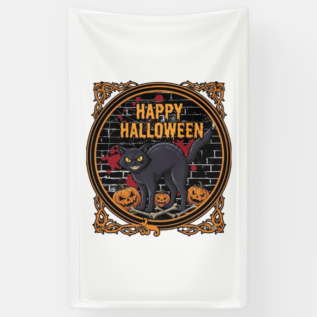Happy Halloween Black Cat Pumpkins Bones_1 Banner (Vertical)