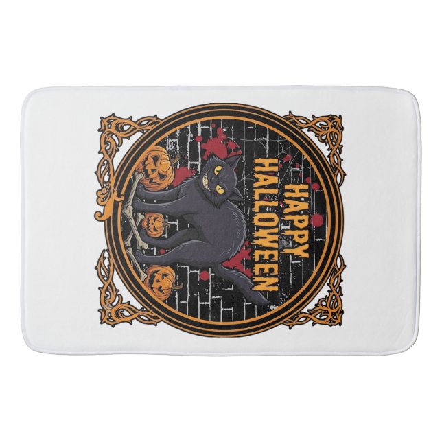 Happy Halloween Black Cat Pumpkins Bones_1 Bath Mat (Front)