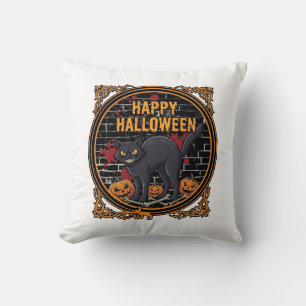 Happy Halloween Black Cat Pumpkins Bones_1 Cushion