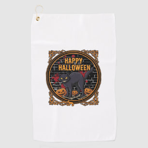 Happy Halloween Black Cat Pumpkins Bones_1 Golf Towel