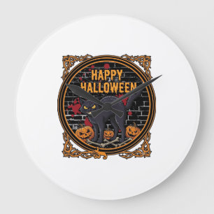 Happy Halloween Black Cat Pumpkins Bones_1 Large Clock