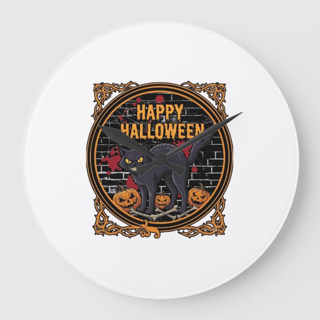 Happy Halloween Black Cat Pumpkins Bones_1 Large Clock (Front)