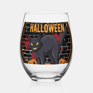 Happy Halloween Black Cat Pumpkins Bones_1 Stemless Wine Glass
