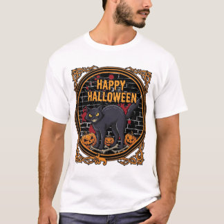 Happy Halloween Black Cat Pumpkins Bones_1 T-Shirt