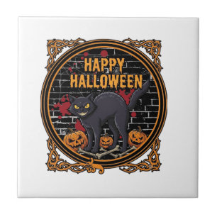 Happy Halloween Black Cat Pumpkins Bones_1 Tile